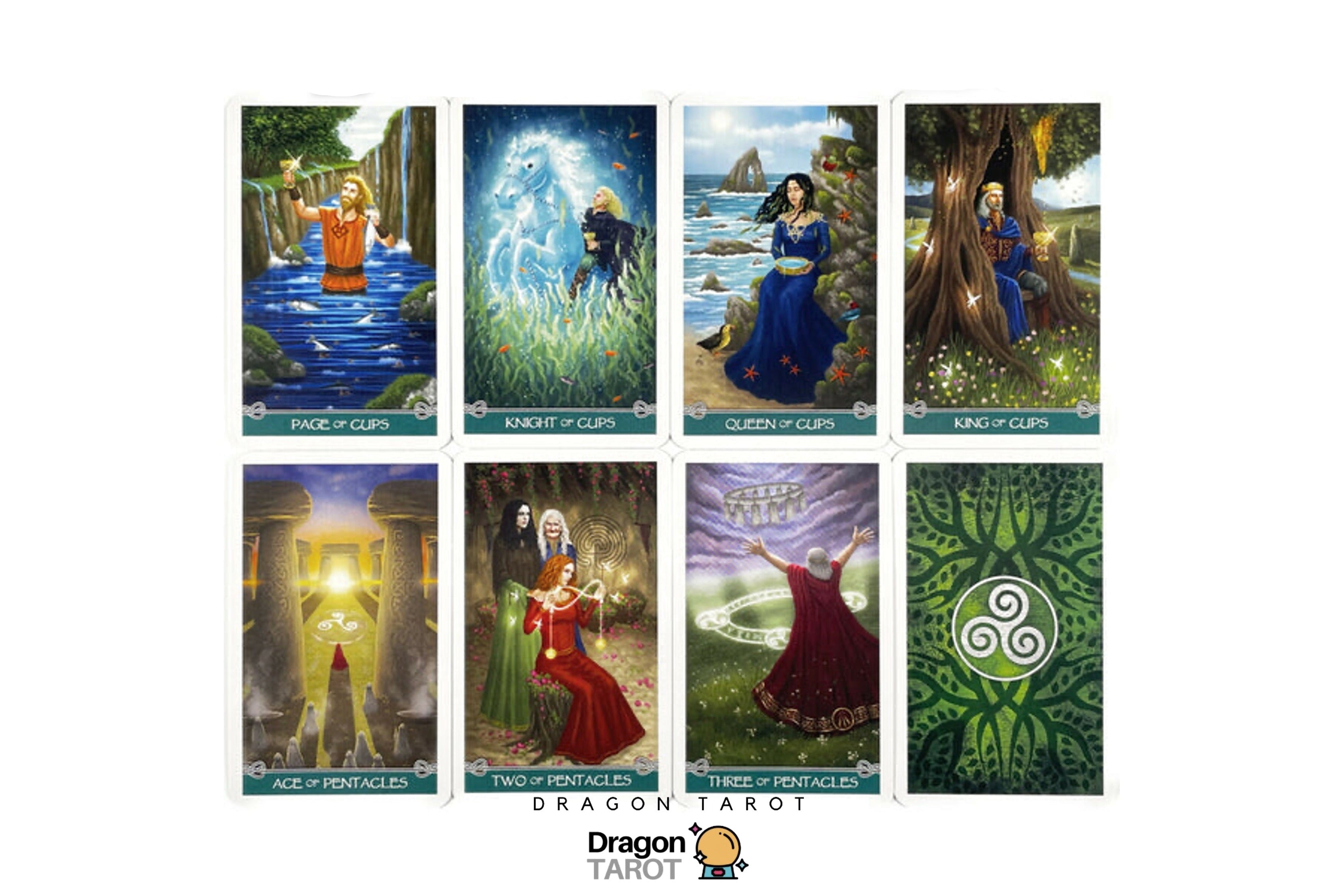 A set of eight Dragon Tarot oracle cards displayed in a 2x4 grid on a white background, featuring various fantasy illustrations with Thai text labels and the Dragon Tarot logo.