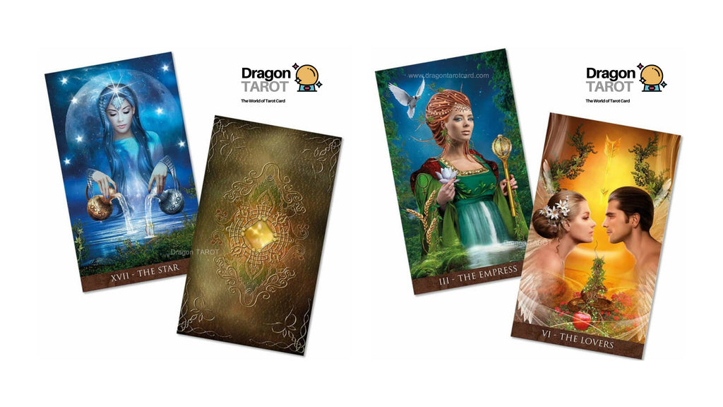 Four Dragon Tarot cards and the card back are displayed on a white background. The cards feature fantasy illustrations including a blue moonlit scene, a gold-toned ornate card back, a green forest goddess card, and a golden lovers card.