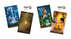Four Dragon Tarot cards and the card back are displayed on a white background. The cards feature fantasy illustrations including a blue moonlit scene, a gold-toned ornate card back, a green forest goddess card, and a golden lovers card.