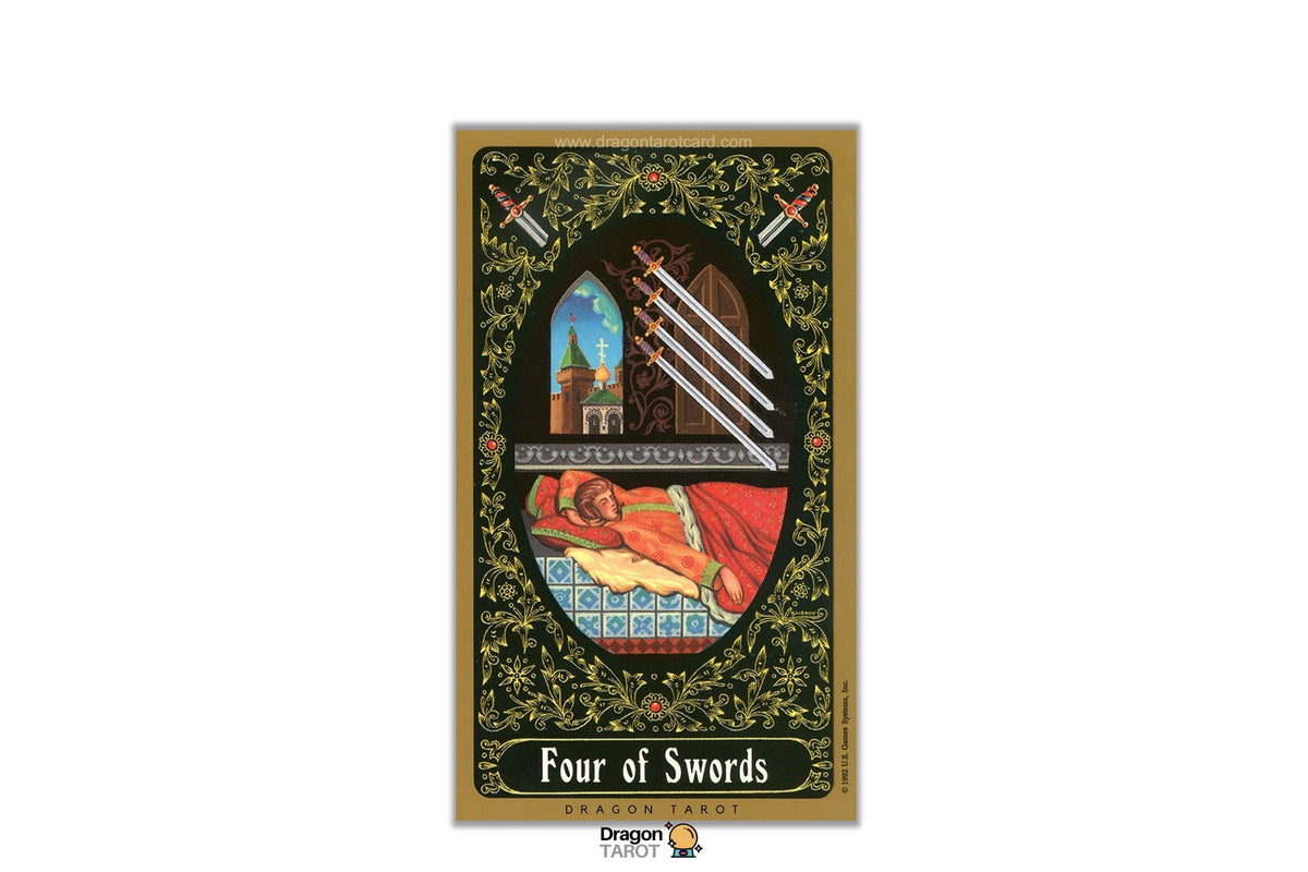 A tarot card titled 'Four of Swords' shown upright against a plain white background. The card features a dark green ornate border with a central illustration of a figure in red draped fabric, crossed swords, and a blue sky with a tower in the upper inset, plus a small Dragon Treasure logo at the bottom.
