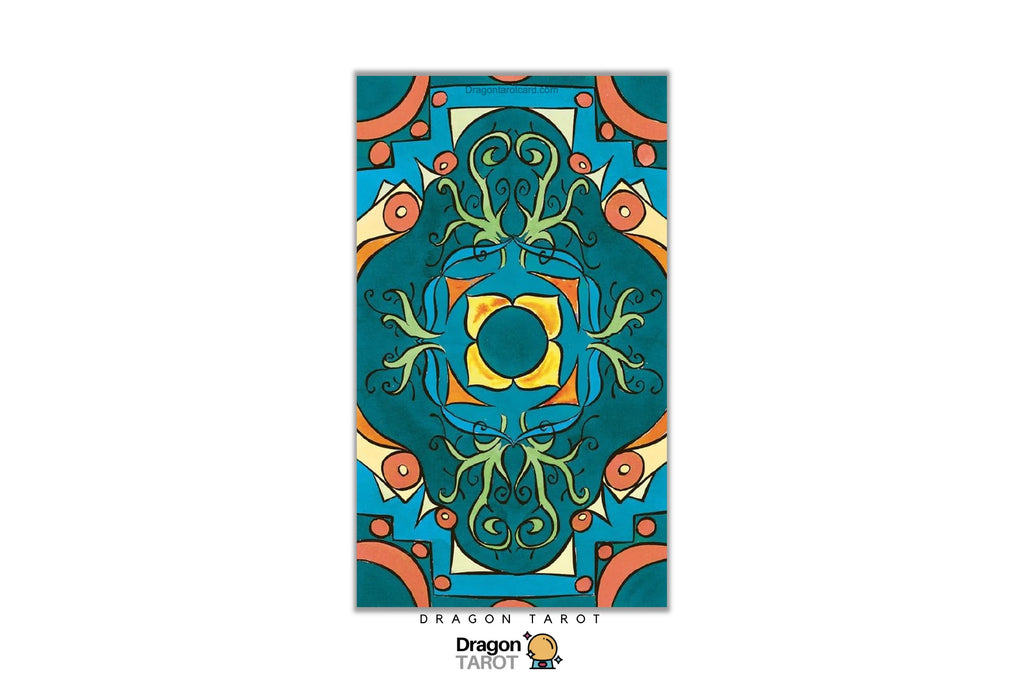 A vertical tarot card featuring a highly detailed, symmetrical mandala design in teal, gold, orange, and green, with the text 'DRAGON TAROT' and a 'Dragon Tarot' logo at the bottom.