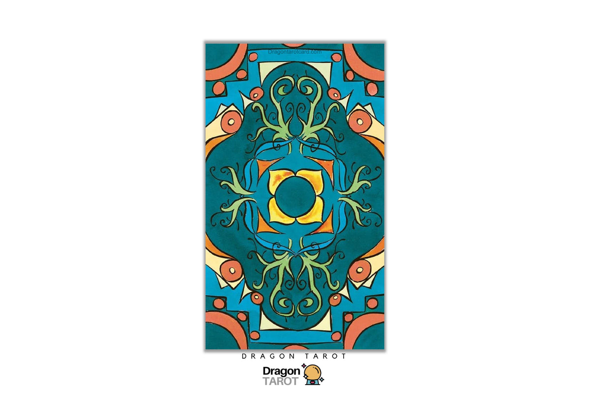 A vertical tarot card featuring a highly detailed, symmetrical mandala design in teal, gold, orange, and green, with the text 'DRAGON TAROT' and a 'Dragon Tarot' logo at the bottom.