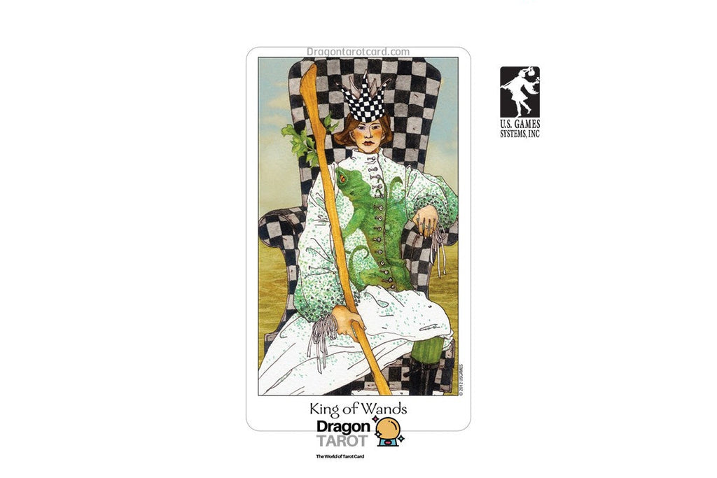 King of Wands tarot card from the Dragon Tarot deck, featuring an illustration of a king in white and green robes seated on a checkered throne holding a long golden wand. The card is centered on a white background with Dragon Tarot branding and a 10 Game Winner badge visible.