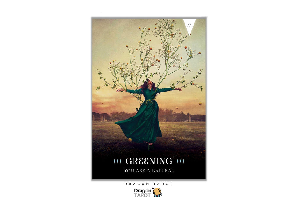 Dragon Tarot card titled 'Greening - You Are A Natural', featuring a woman in a flowing dark green dress standing in a field with wildflowers reaching upward against a warm sunset sky. The card is centered on a white background with Dragon Tarot branding visible.