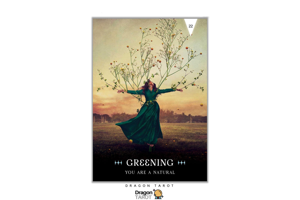 Dragon Tarot card titled 'Greening - You Are A Natural', featuring a woman in a flowing dark green dress standing in a field with wildflowers reaching upward against a warm sunset sky. The card is centered on a white background with Dragon Tarot branding visible.