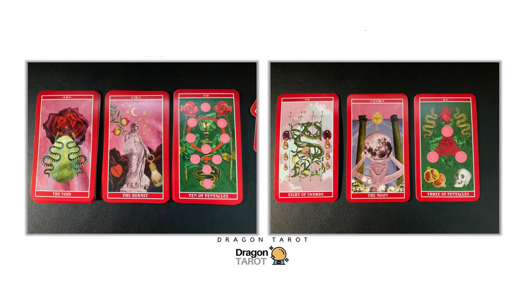 Four Dragon Tarot cards displayed side-by-side on a black background, with two cards on each side. The cards feature red borders and colorful fantasy illustrations including a green dragon, a white cat in a hat, and a green snake with a red rose.