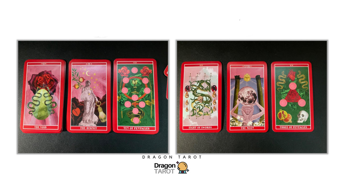 Four Dragon Tarot cards displayed side-by-side on a black background, with two cards on each side. The cards feature red borders and colorful fantasy illustrations including a green dragon, a white cat in a hat, and a green snake with a red rose.