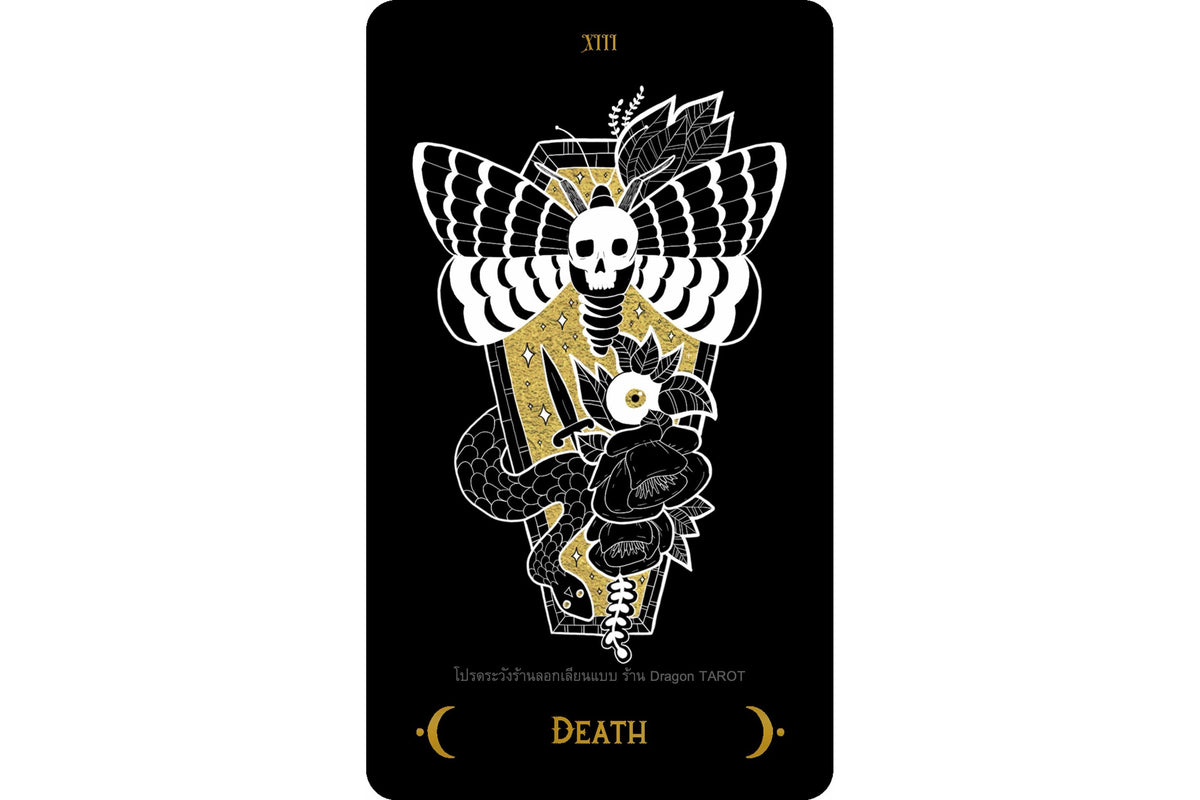 A tarot card featuring the Death card design with a black background, white and gold illustration of a skeleton, wings, snake, and moon phases, with the Roman numeral XIII at the top and the word DEATH at the bottom.