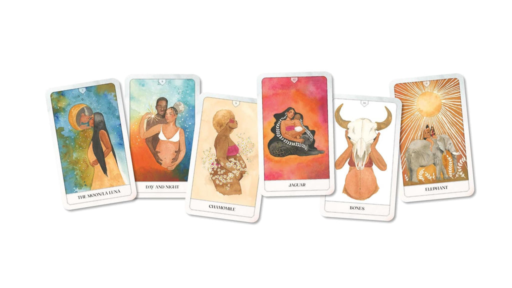 Five illustrated tarot-style cards arranged in a row on a plain white background, each with a white border and a different colorful artwork panel.