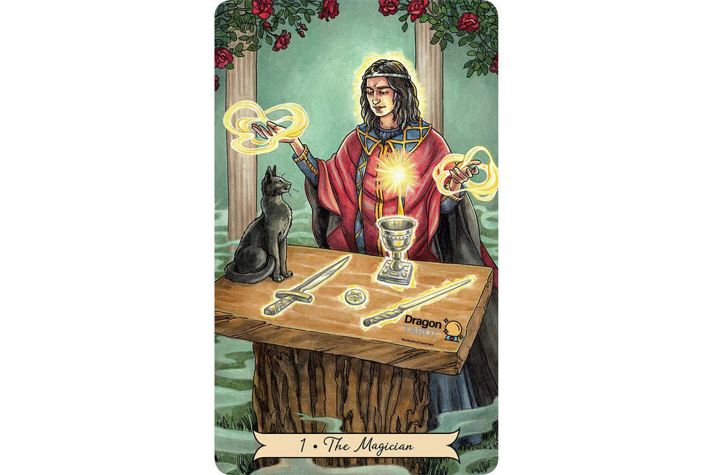 A tarot card titled 'The Magician' showing an illustrated figure in a red robe with glowing yellow energy circles, seated at a wooden table with a sword, wand, cup, and black cat. The card has a green background with red roses at the top and a small 'Dragon' logo near the bottom right.