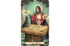 A tarot card titled 'The Magician' showing an illustrated figure in a red robe with glowing yellow energy circles, seated at a wooden table with a sword, wand, cup, and black cat. The card has a green background with red roses at the top and a small 'Dragon' logo near the bottom right.