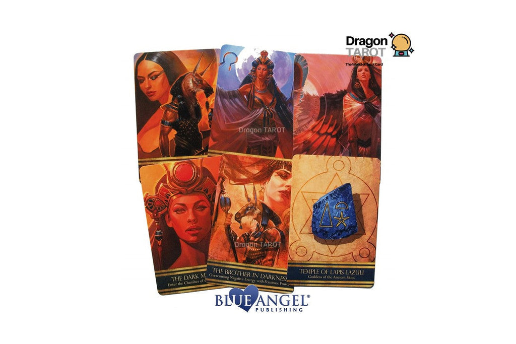 Six illustrated tarot cards from Dragon Angel / Blue Angel Publishing are arranged in a fan shape on a white background, with the Blue Angel Publishing logo below and a Dragon Tarot Facebook watermark at the top.