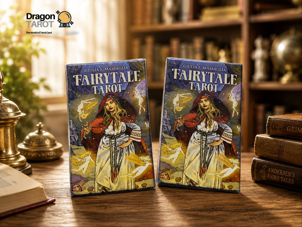 Two boxed Fairytale Tarot card decks standing upright on a wooden table, with a warm, book-filled room background. The Dragon Tarot logo appears in the top left corner.