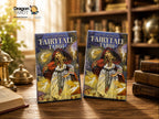 Two boxed Fairytale Tarot card decks standing upright on a wooden table, with a warm, book-filled room background. The Dragon Tarot logo appears in the top left corner.