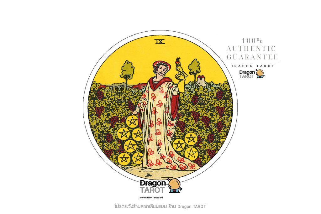 A tarot card illustration featuring the Nine of Cups, with a central figure in a flowing robe standing in a field of yellow cups. The card is shown on a white background with surrounding text and logos for Dragon Tarot.