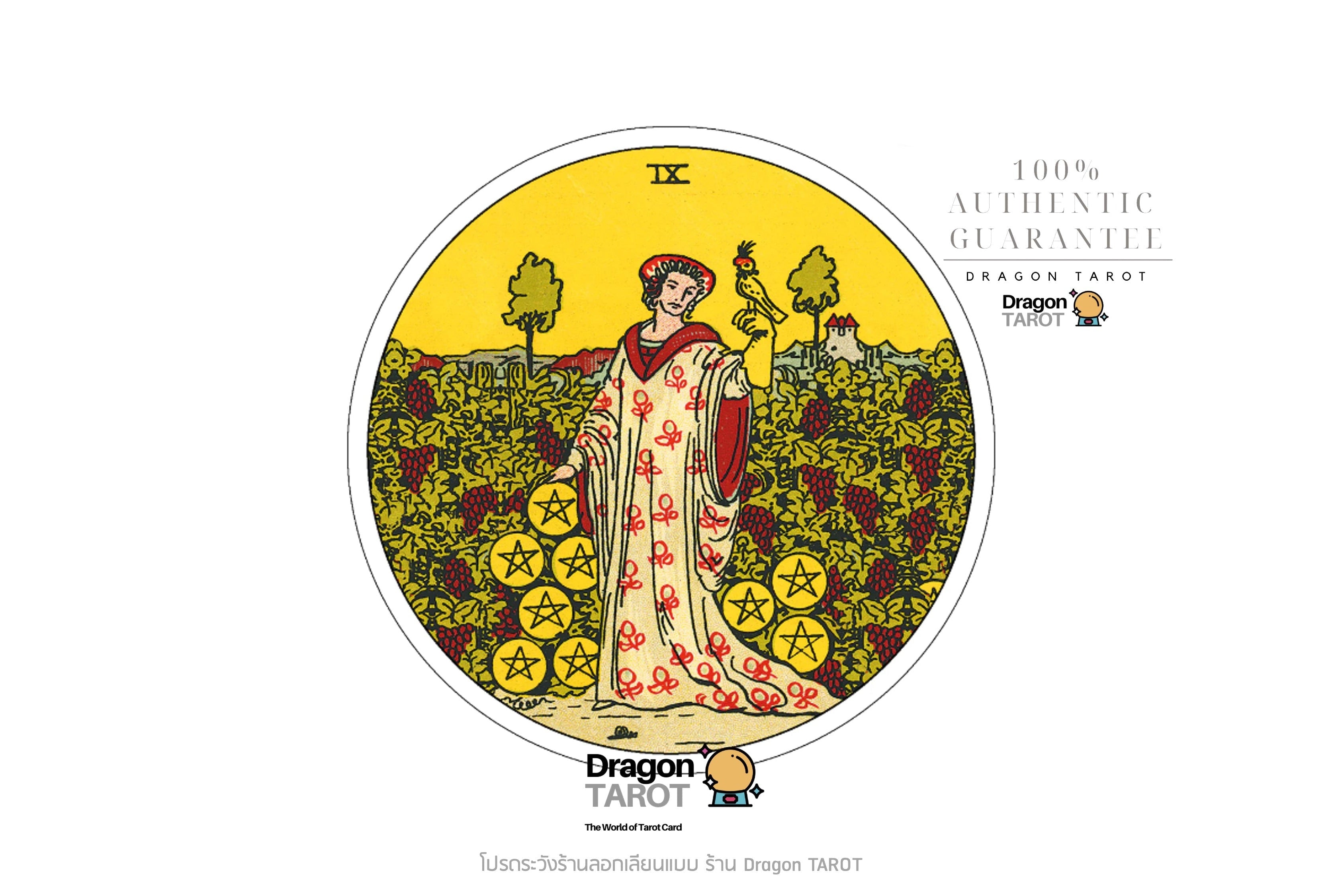 A tarot card illustration featuring the Nine of Cups, with a central figure in a flowing robe standing in a field of yellow cups. The card is shown on a white background with surrounding text and logos for Dragon Tarot.
