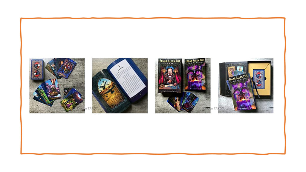 A collage of four product photos showing a tarot deck set, including the deck box, cards, booklet, and a framed card, arranged on a gray wood-textured surface. The products feature dark blue and purple packaging with colorful illustrated card backs and artwork.