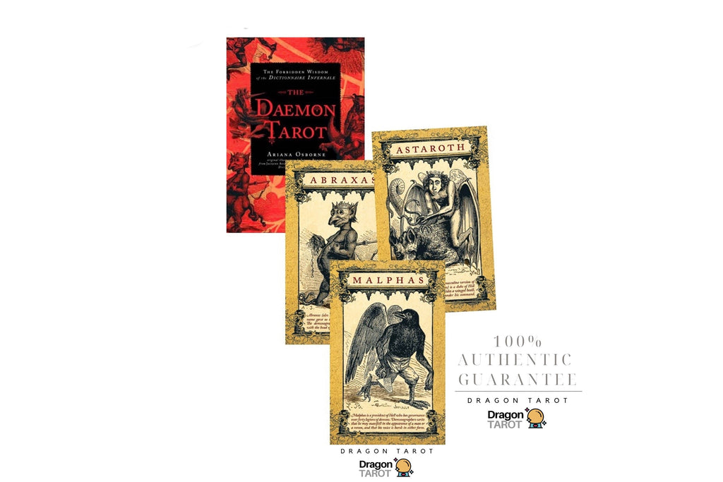Four Dragon Tarot card decks arranged on a white background, including The Daemon Tarot, Asbraya, Malphas, and Astrotari, with Dragon Tarot branding and a 100% authentic guarantee text.