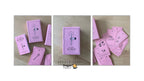 A three-panel collage showing a pink tarot deck and its box on a light wood surface. The center panel shows the box upright with the title 'DRAGON TAROT' beneath it, while the side panels show the pink cards and box arranged around it.