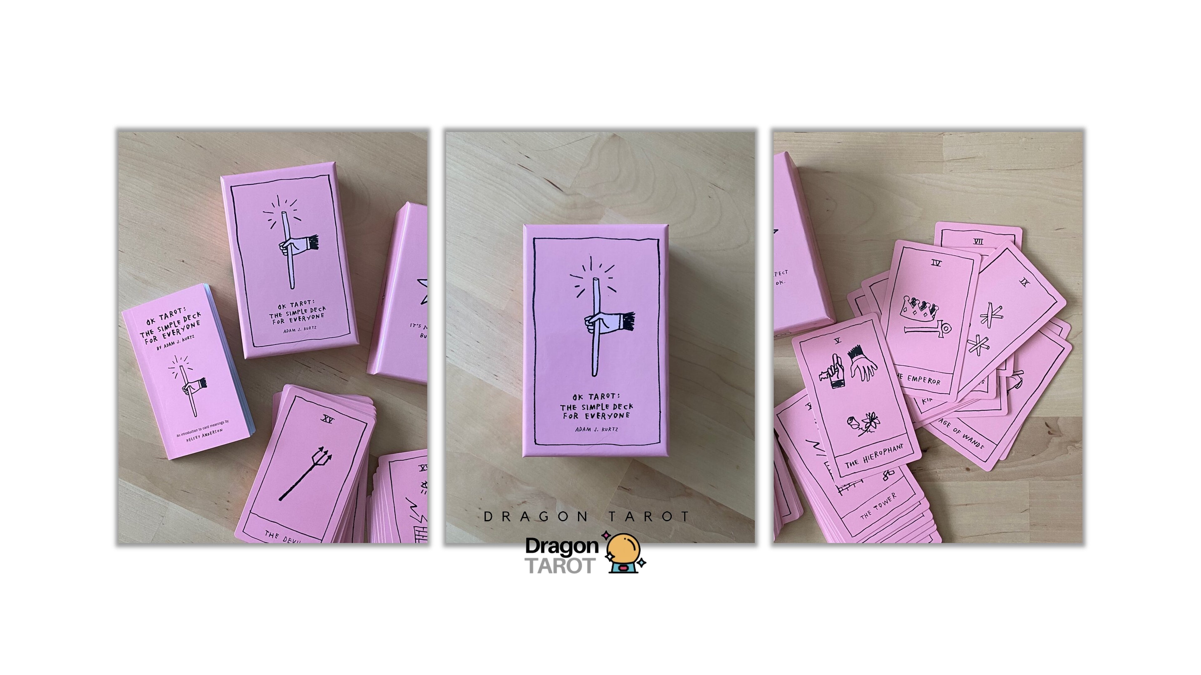A three-panel collage showing a pink tarot deck and its box on a light wood surface. The center panel shows the box upright with the title 'DRAGON TAROT' beneath it, while the side panels show the pink cards and box arranged around it.