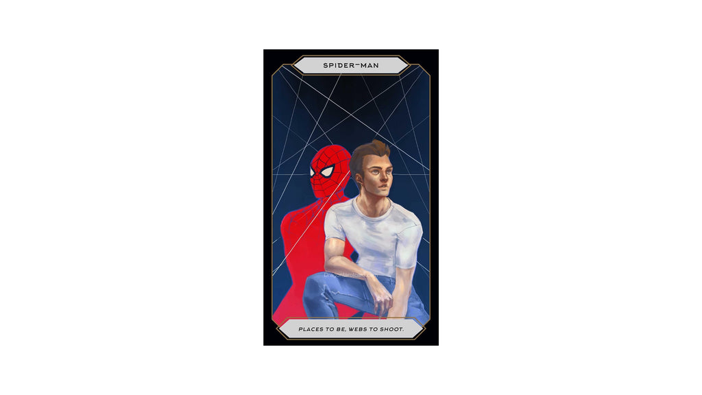 A collectible trading card featuring Spider-Man, with a painted red and blue Spider-Man figure in the center and a portrait of a man in a white t-shirt and blue jeans behind him. The card has a black border with 'SPIDER-MAN' at the top and 'PLACES TO GO' at the bottom.