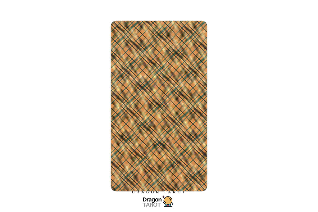 A Dragon Tarot card featuring an orange and black diagonal plaid pattern, shown vertically on a plain white background with the brand logo at the bottom.