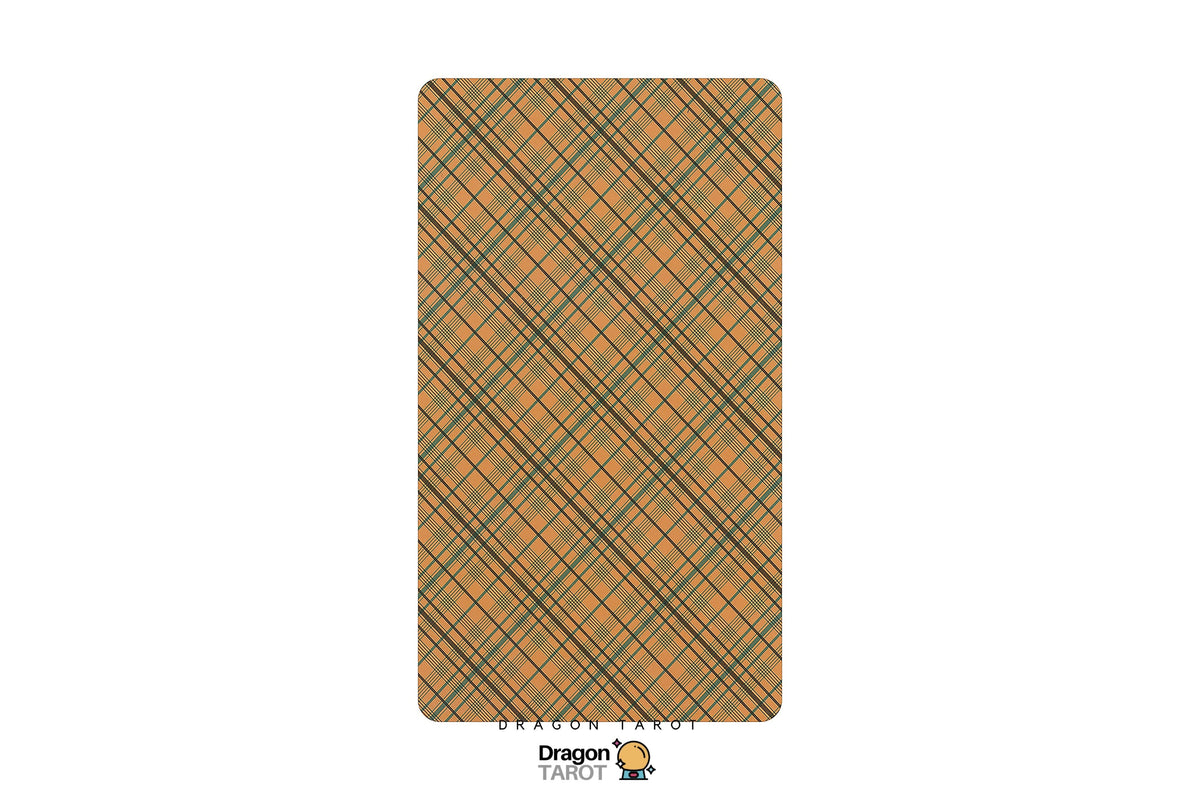 A Dragon Tarot card featuring an orange and black diagonal plaid pattern, shown vertically on a plain white background with the brand logo at the bottom.