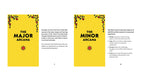 A printed spread showing two yellow tarot card covers side by side, labeled 'The Major Arcana' and 'The Minor Arcana,' with decorative red and green border motifs and black text on a white page background.