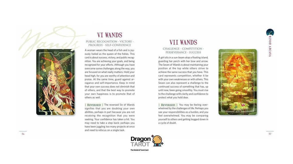 A printed Dragon Tarot card spread sheet showing illustrated card backs and card meanings for VII Wands, with text columns, a small Dragon Tarot logo, and a Facebook link at the top.