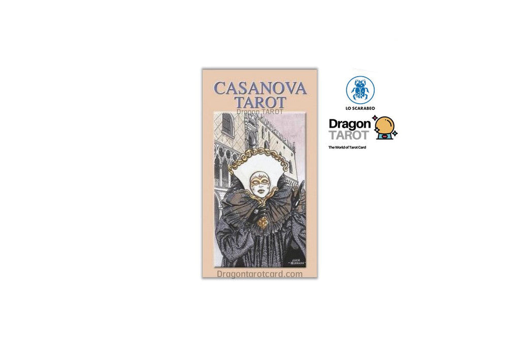 Casanova Tarot card deck packaging shown on a white background, with Dragon Tarot logos and a Facebook icon above it. The box features an illustrated figure in dark clothing against a light architectural background.