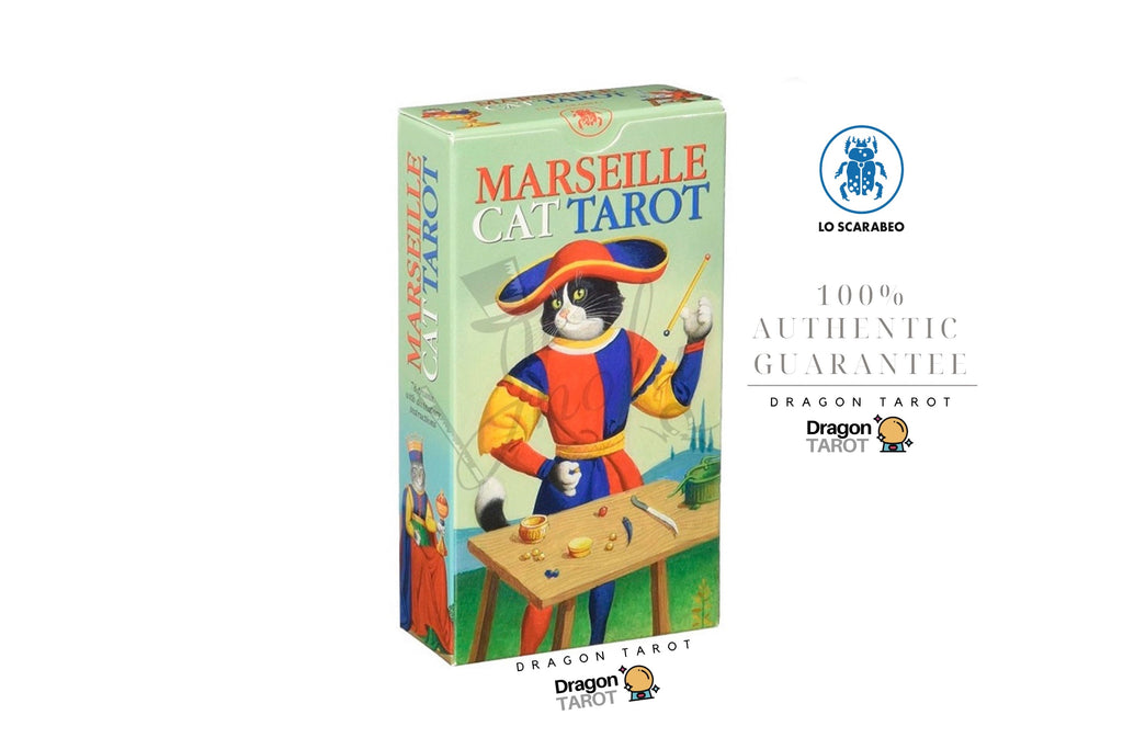 Dragon Tarot Marseille Cat Tarot card deck box shown on a white background with brand logos and a 100% authentic guarantee badge. The box features an illustration of a black cat in a red and blue outfit painting at a table.