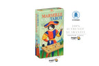 Dragon Tarot Marseille Cat Tarot card deck box shown on a white background with brand logos and a 100% authentic guarantee badge. The box features an illustration of a black cat in a red and blue outfit painting at a table.