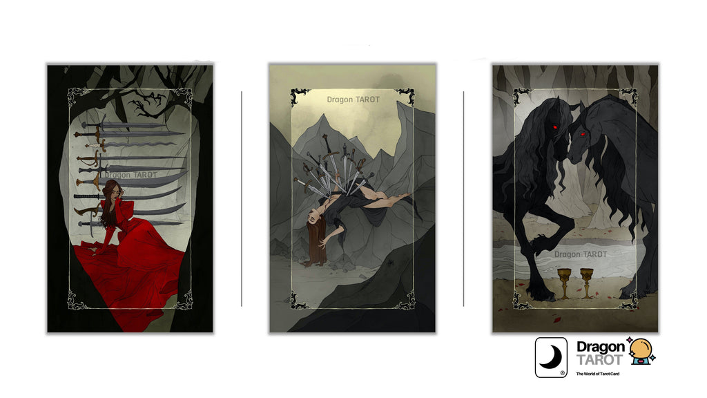 Three vertical Dragon Tarot card illustrations displayed side by side on a white background, with Dragon Tarot branding and a Facebook icon at the top and bottom.