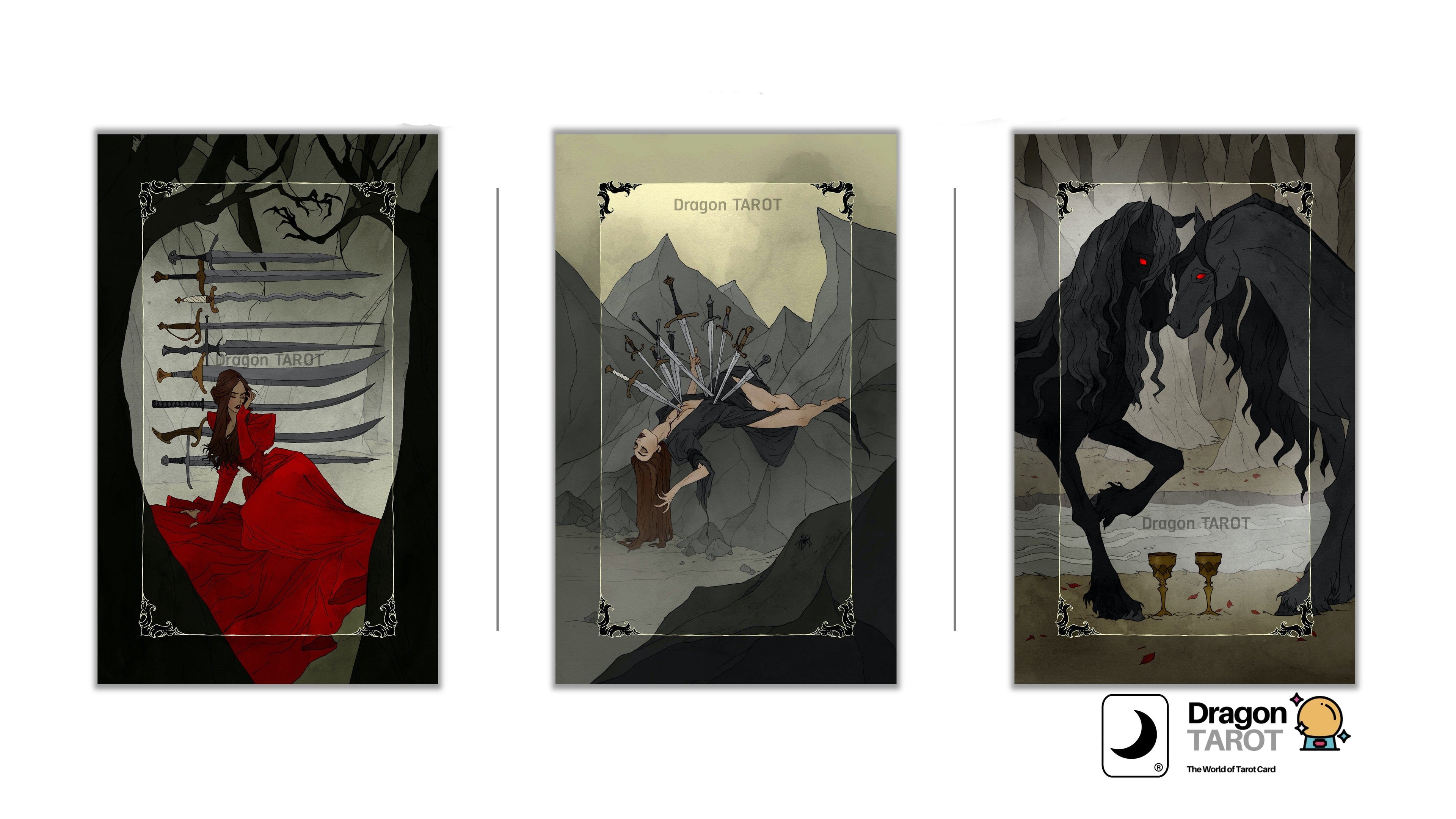 Three vertical Dragon Tarot card illustrations displayed side by side on a white background, with Dragon Tarot branding and a Facebook icon at the top and bottom.