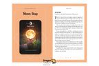 A Dragon Tarot 'Moon Stag' tarot card shown as a printed card design on a peach background, with a black stag silhouette and a glowing moon illustration. The card is displayed on a white background with a small Dragon Tarot logo at the bottom.