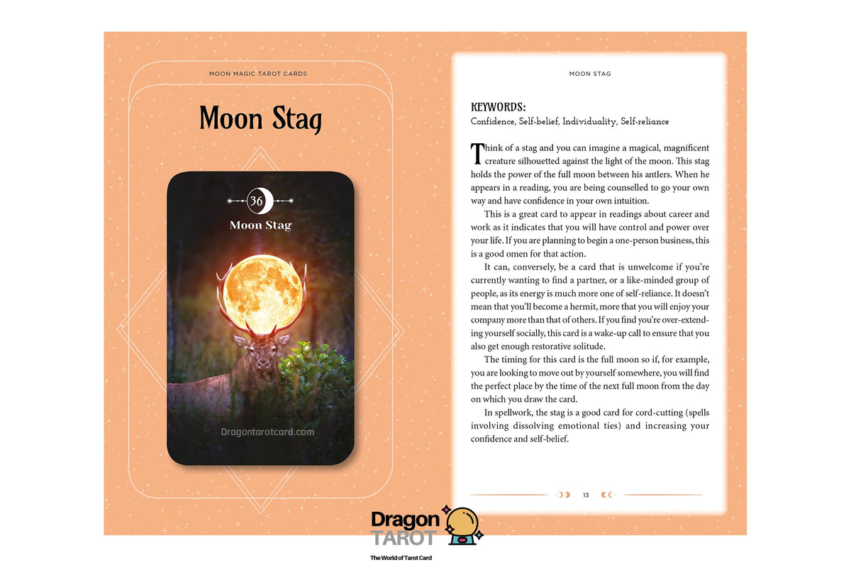 A Dragon Tarot 'Moon Stag' tarot card shown as a printed card design on a peach background, with a black stag silhouette and a glowing moon illustration. The card is displayed on a white background with a small Dragon Tarot logo at the bottom.