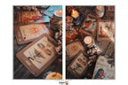 A split-screen presentation of two bohemian-style tarot card spreads on a dark wooden table, decorated with lit candles, dried flowers, and a vintage 'Magical Spirit' book. The cards feature mystical illustrations and text such as 'The Sun', 'The Fool', and 'Magical Spirit'.