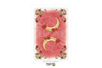 A single Dragon Tarot card centered on a white background, showing a pink card back with two gold crescent moons, red roses, and ornate gold corner flourishes. The Dragon Tarot logo appears at the bottom.