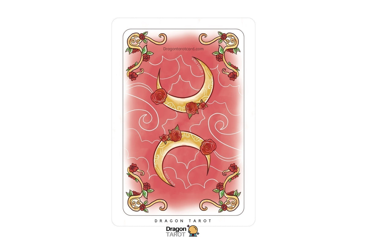 A single Dragon Tarot card centered on a white background, showing a pink card back with two gold crescent moons, red roses, and ornate gold corner flourishes. The Dragon Tarot logo appears at the bottom.
