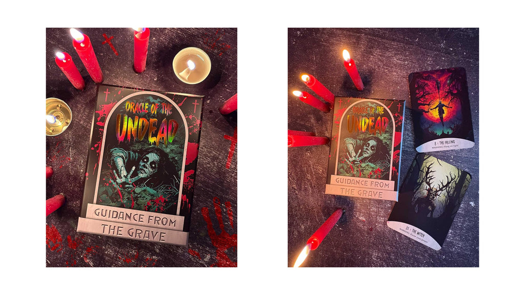 Two side-by-side flat-lay product photos of a tarot card deck called 'Voice of the Undead: Guidance from the Grave'. The product is displayed with red candles, a small brass candle holder, and red paint splatters on a dark wooden surface, showing both the front cover art and the back of the cards.