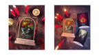 Two side-by-side flat-lay product photos of a tarot card deck called 'Voice of the Undead: Guidance from the Grave'. The product is displayed with red candles, a small brass candle holder, and red paint splatters on a dark wooden surface, showing both the front cover art and the back of the cards.