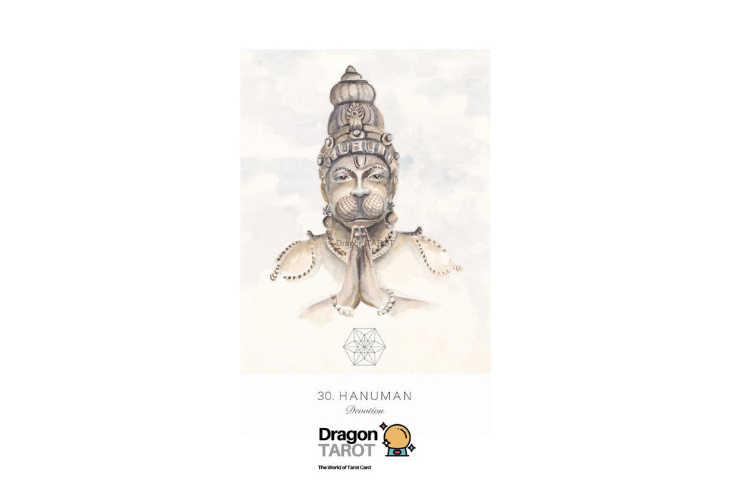A tarot card illustration featuring a detailed sketch of Hanuman, the 30th card, with the Dragon Tarot logo at the bottom on a white background.