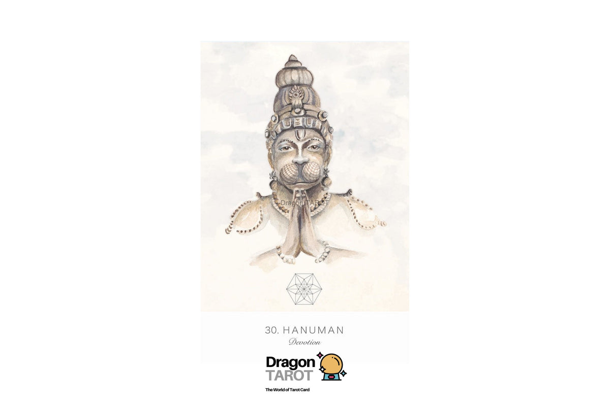 A tarot card illustration featuring a detailed sketch of Hanuman, the 30th card, with the Dragon Tarot logo at the bottom on a white background.