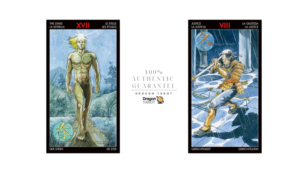 Two Dragon Tarot cards displayed side by side on a white background, with a central text panel reading '100% Authentic Guarantee' and the Dragon Tarot logo. The left card is labeled XVII and shows a golden nude figure walking forward in a blue-toned landscape.