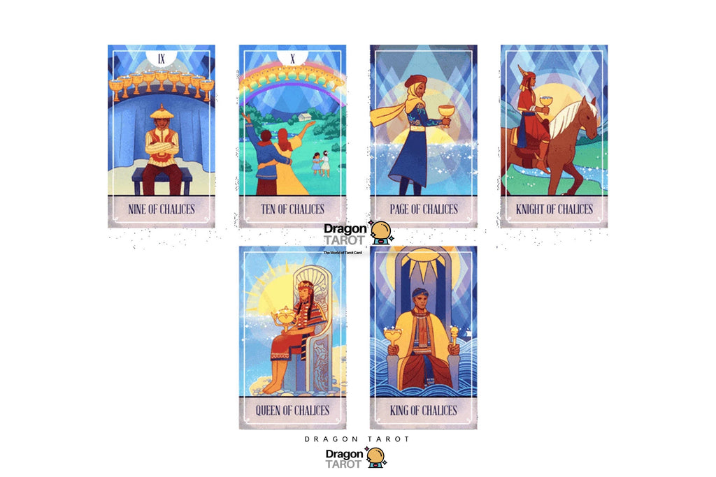 A set of illustrated tarot cards for the Chaldean suit arranged on a white background, with the Dragon Tarot logo visible at the bottom.