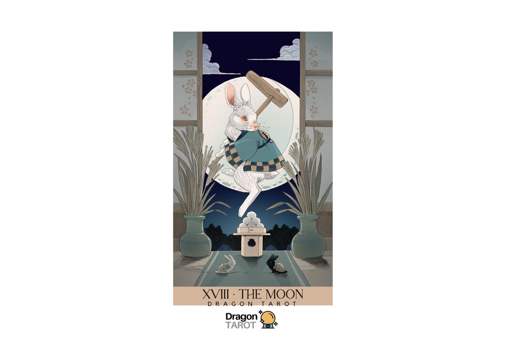 Dragon Tarot card illustration for XVIII - The Moon, featuring a white rabbit holding a large wooden mace in a circular frame against a dark blue night sky, with a small house and potted plants below. The card is centered on a white background with the Dragon Tarot logo at the bottom.