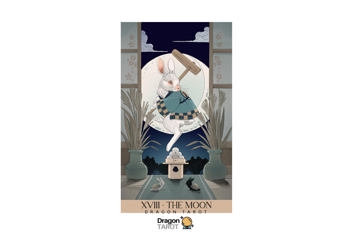Dragon Tarot card illustration for XVIII - The Moon, featuring a white rabbit holding a large wooden mace in a circular frame against a dark blue night sky, with a small house and potted plants below. The card is centered on a white background with the Dragon Tarot logo at the bottom.