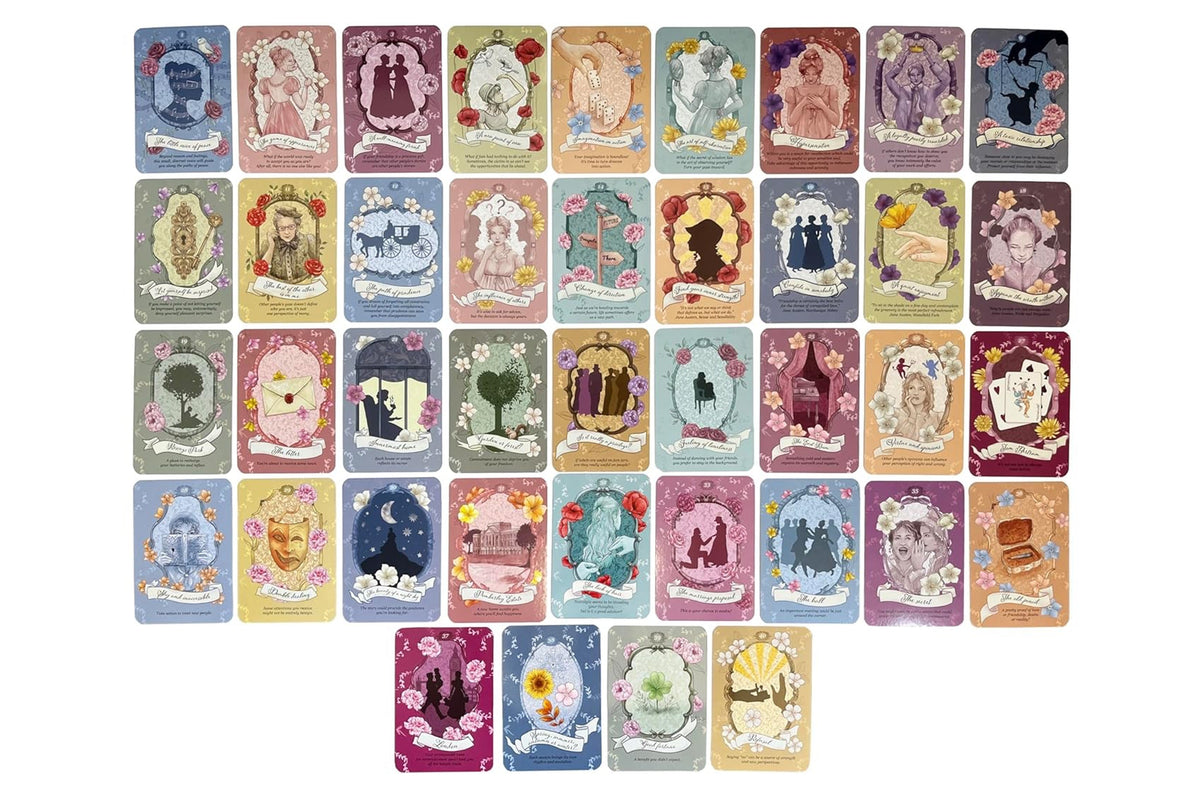 A set of illustrated tarot-style cards arranged in rows on a plain white background. The cards feature whimsical fantasy and fairy-tale scenes in many pastel and muted colors, including blues, pinks, purples, greens, and yellows.