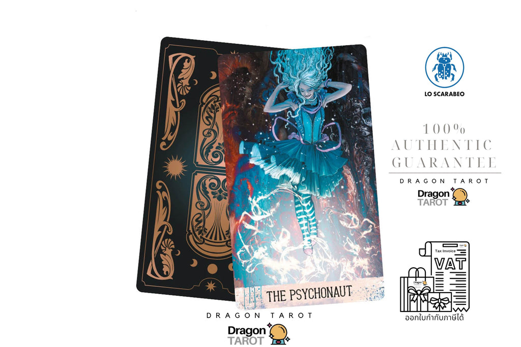 Two Dragon Tarot cards displayed on a white background with promotional text and logos. The front card is 'The Psychonaut' featuring a colorful illustration of a psychonaut character, while the back card is black with gold celestial and geometric patterns.