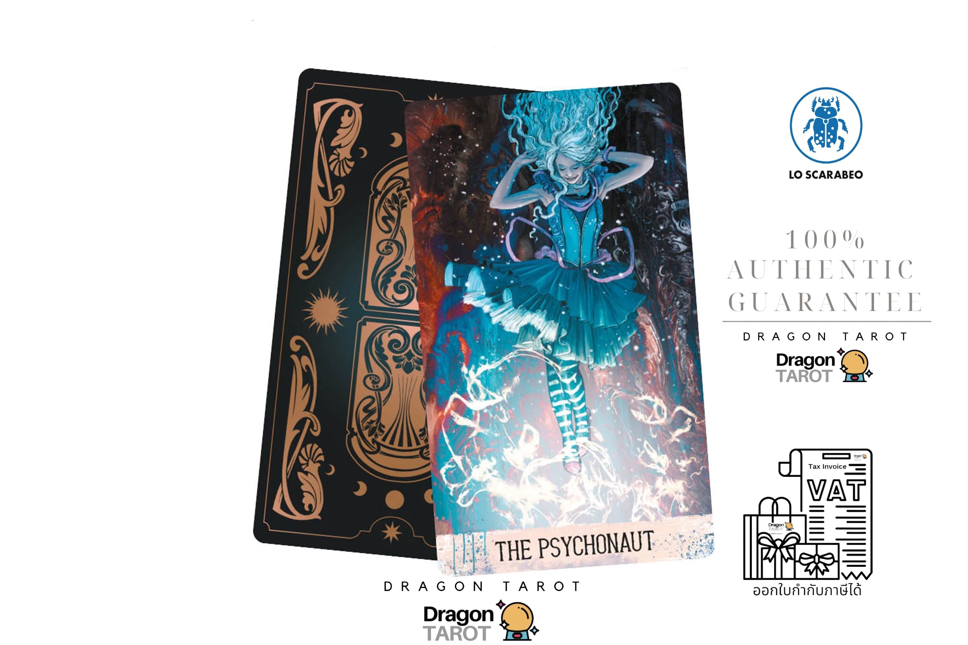 Two Dragon Tarot cards displayed on a white background with promotional text and logos. The front card is 'The Psychonaut' featuring a colorful illustration of a psychonaut character, while the back card is black with gold celestial and geometric patterns.